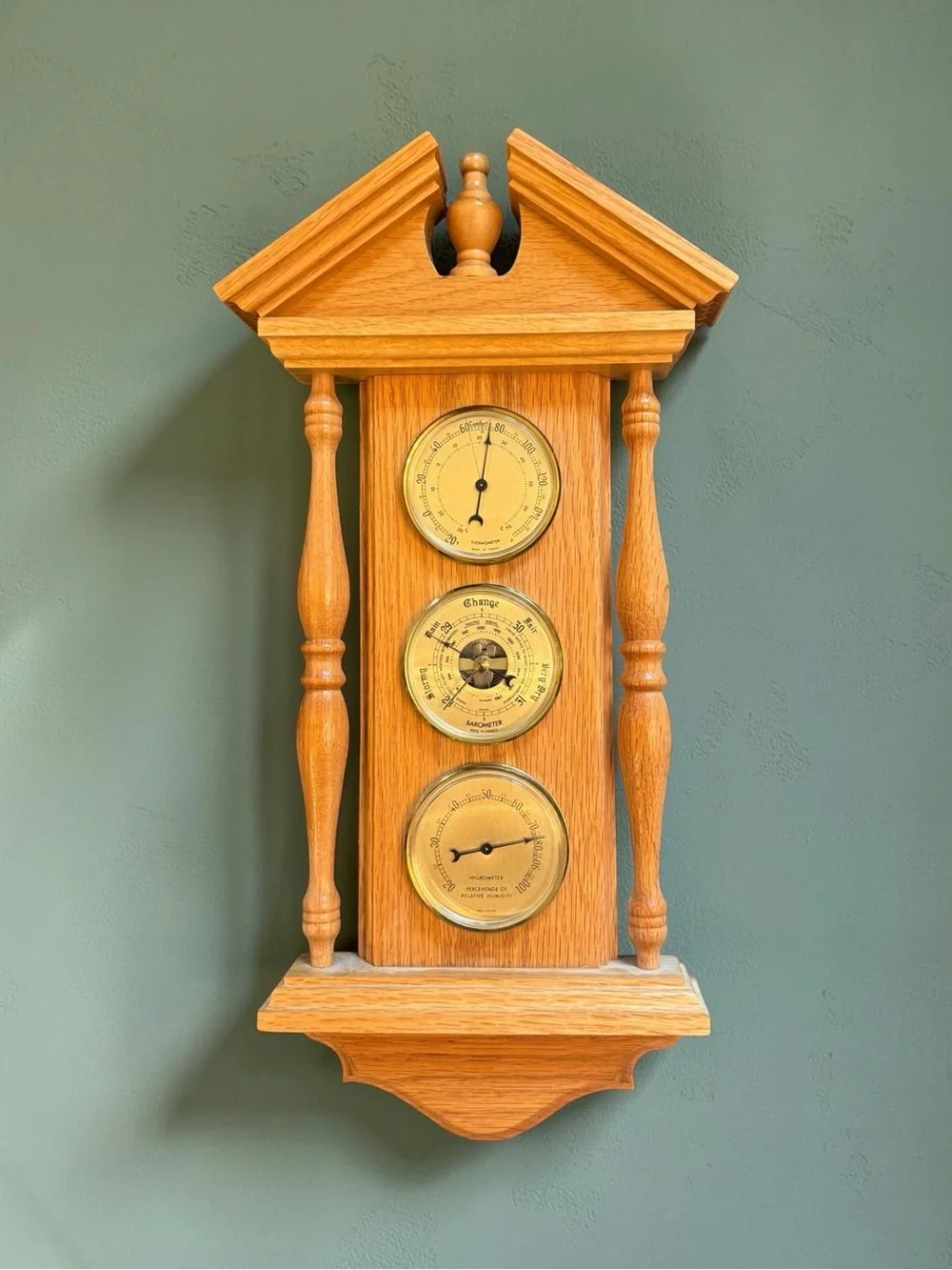 Vintage Solid Oak Handmade Wall Weather Station Thermometer Barometer Hygrometer